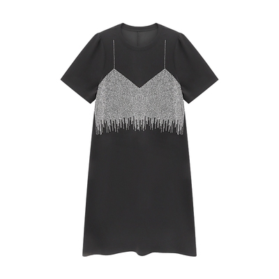 Basic House/百家好撞色拼接假两件设计夏季新款波嬉风短袖连衣裙