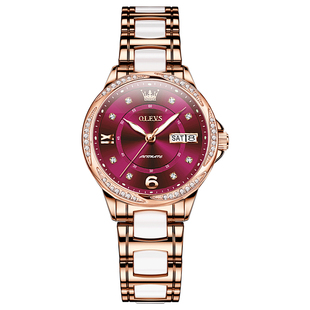 情人节礼物轻奢陶瓷机械手表防水双日历夜光时尚气质百搭女士腕表