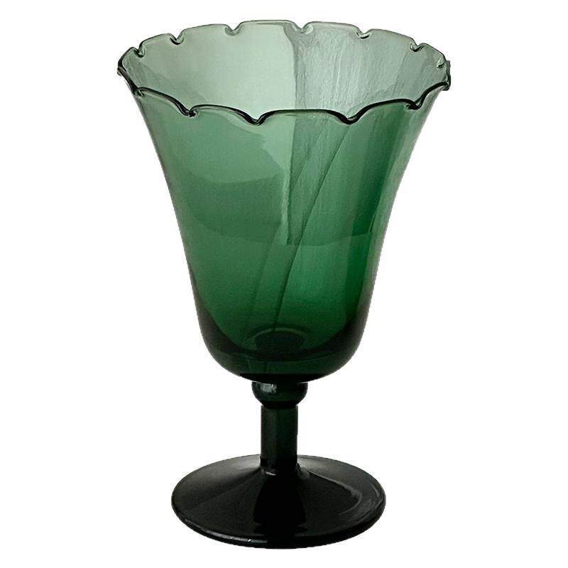 中古墨绿色花型高脚玻璃杯