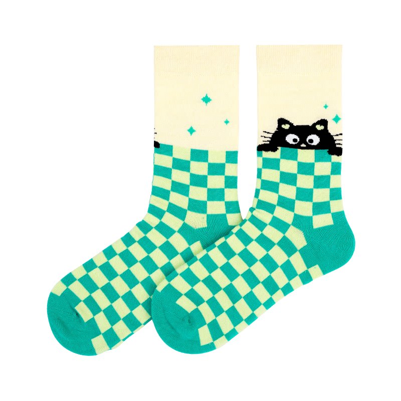 Walki踩点萌猫棋盘格男女款袜