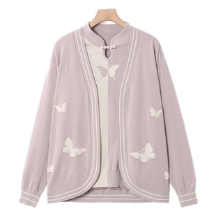 年轻妈妈秋装旗袍领针织衫两件套中老年女春夏装短袖上衣短款开衫