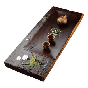 手绘茶盘整块黑檀木实木原木嵌铜功夫茶具可排水家用大号整板茶台