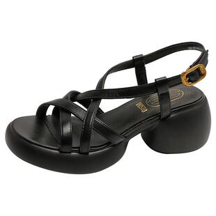 大东绑带凉鞋女鞋2025夏季新款时尚优雅粗跟高跟一字扣圆头X1696