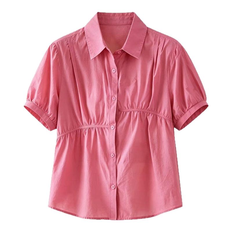 夏季纯棉圆领褶皱不对称女衬衫