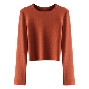 HAMYIHO 内里磨毛长袖打底衫女士短款修身正肩加绒t恤基础款上衣