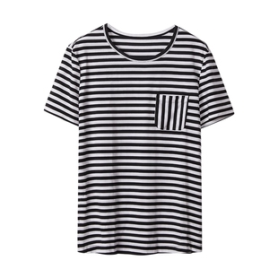 YLLE ELLY/衣衫妙影2026夏季新品宽松短袖t恤条纹圆领口袋上衣女