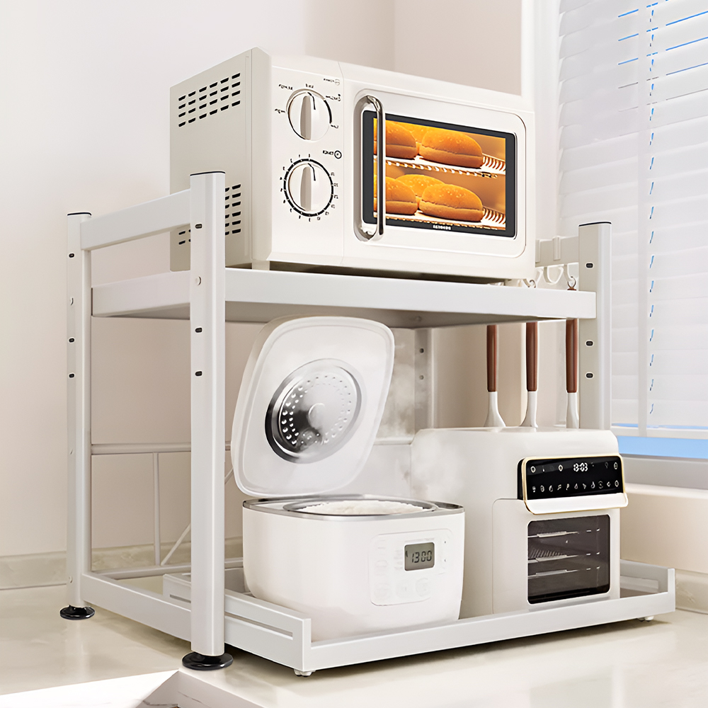 抽拉微波炉置物架厨房灶台面白色多功能电饭锅烤箱家用电器收纳架