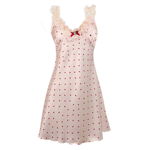 今夕何夕性感睡衣新款法式吊带秋季粉色甜美蕾丝花边冰丝波点睡裙