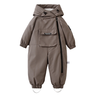 三层复合连帽加绒加厚滑雪服儿童连体衣外出服工作服2025冬季新款