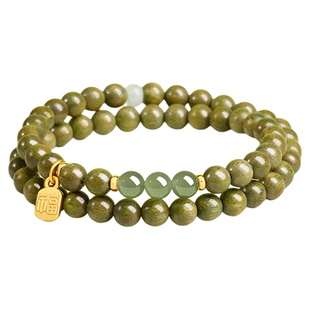 普陀山庆祥泰绿檀木手串女天然水晶和田玉黑曜石手链木质文玩念珠