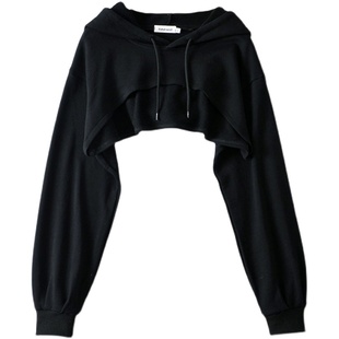 Micn~黑色短款高腰卫衣女ins新款百搭露脐套头罩衫长袖宽松上衣潮