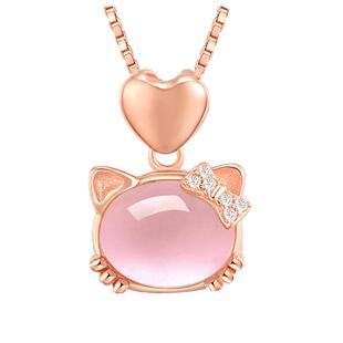 儿童项链女天然粉水晶动物项链可爱猫咪吊坠时尚简约女孩生日礼物