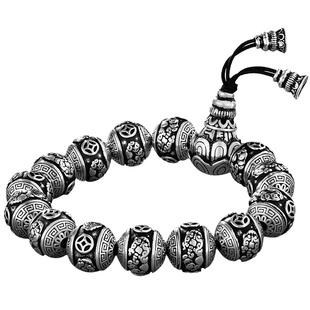 足银99貔貅实心纯银手链男女士款复古个性潮流圆珠手串男生手饰品