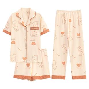 高级感睡衣女款夏季三件套纯棉短袖长裤开衫2025年新款夏天家居服