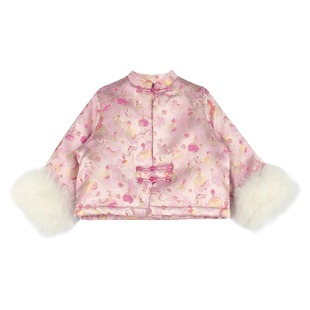 大耳象女童毛毛袖口中式上衣冬季新宝儿拜年服手工盘扣织锦外套