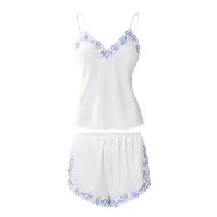 NoirTease夏季丝质薄款睡衣性感蕾丝V领吊带短裤家居服两件套装女