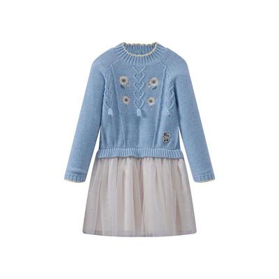 小熊童装甜美毛织网纱拼接连衣裙