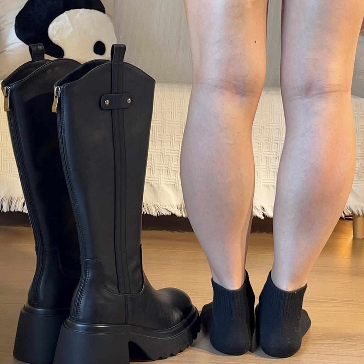 全皮版~!小粗腿巨显瘦厚底v口骑士靴粗高跟8cm侧边条长筒靴显腿长