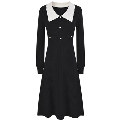 撞色娃娃领针织连衣裙