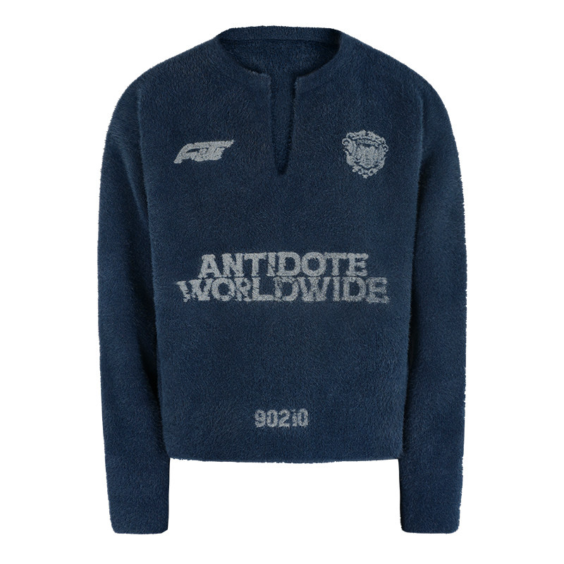 ANTIDOTE 仿貂毛运动徽章球服v领毛衣秋冬加绒针织衫长袖美式外套