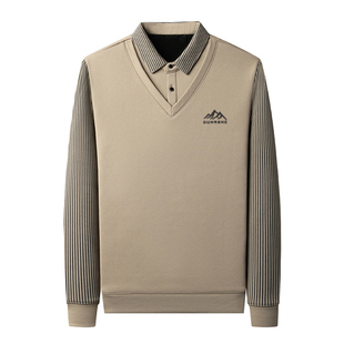 啄木鸟秋冬新款高档男士加绒假两件印花打底衫加厚衬衫领保暖卫衣