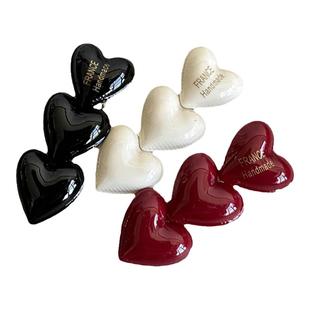 三颗小爱心发夹 韩国ins奶油风桃心鸭嘴夹 复古酒红纯黑刘海边夹