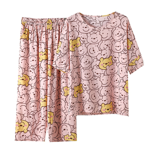 棉绸睡衣女夏季时尚洋气大码短袖七分裤可爱人造棉家居服两件套装