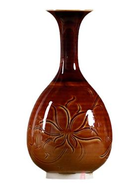 三义成定瓷摆件全手工原矿高温中式刻花黄釉梅瓶玉壶春原产地发货