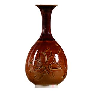 三义成定瓷摆件全手工原矿高温中式刻花黄釉梅瓶玉壶春原产地发货