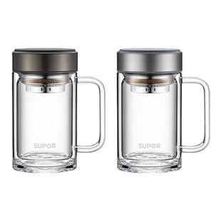 苏泊尔高硼硅双层玻璃杯带把手柄带盖隔热女男士办公室泡茶水杯子