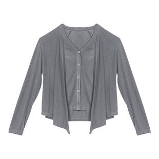 Dotdrobe多着 天丝羊毛 假两件飘片多穿法开衫外套女-黑色/花灰色