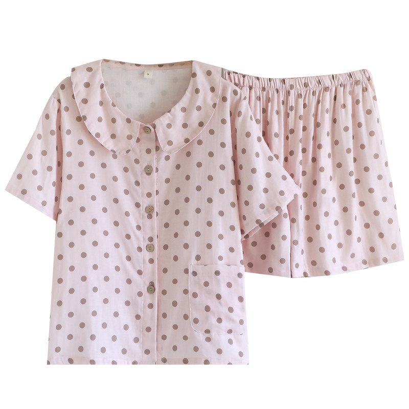 甜美娃娃领波点睡衣女夏纯棉双层纱布薄款短袖短裤大码家居服套装