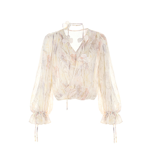 wana try普罗旺斯浅语印花荡领衬衫26春季新品时髦质感休闲上衣女