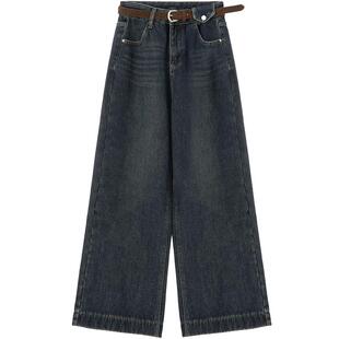 送腰带LAGOGO靛蓝加绒直筒牛仔裤女拉谷谷2025冬新款深蓝显瘦长裤