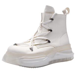 欧美风冬季潮鞋RO白色高帮鞋男个性五芒星绑带马丁靴厚底增高短靴