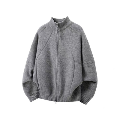 美式复古拉链立领开衫毛衣