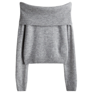 HM女装毛针织衫春季一字肩长袖内搭打底衫露肩毛衣套衫1296847