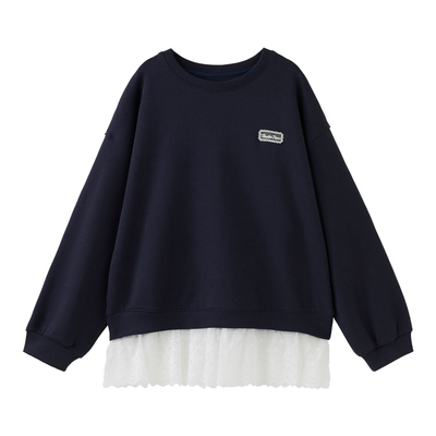 韩系拼接蕾丝花边圆领卫衣