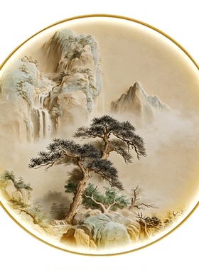 迎客松圆形带灯玄关装饰画新中式入户门挂画过道山水立体感砂岩画