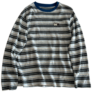 韩版时髦chic蓝色条纹小马刺圆领绣长袖T恤女宽松减龄学生上衣潮