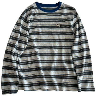 条纹小马刺圆领绣长袖T恤女宽松