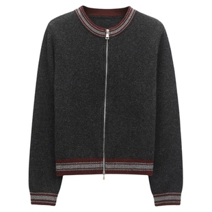 呈品100牦牛绒撞色拉链开衫2026春秋新款时尚百搭休闲针织外套女