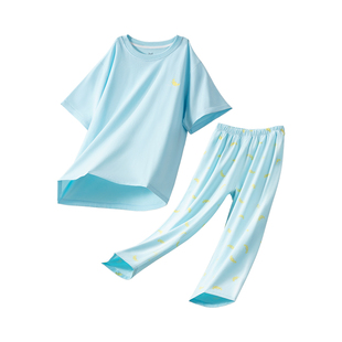 猫人莫代尔儿童家居服套装春夏季透气短袖长裤睡衣男童女童空调服