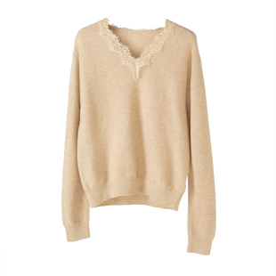 【Highline系列】鼎尖老p康塞尼无染色羊绒拼接进口蕾丝V领针织衫