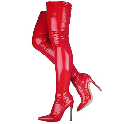 优质弹力漆皮尖头长靴过膝靴