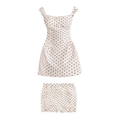 波点收腰方领一字肩连衣裙