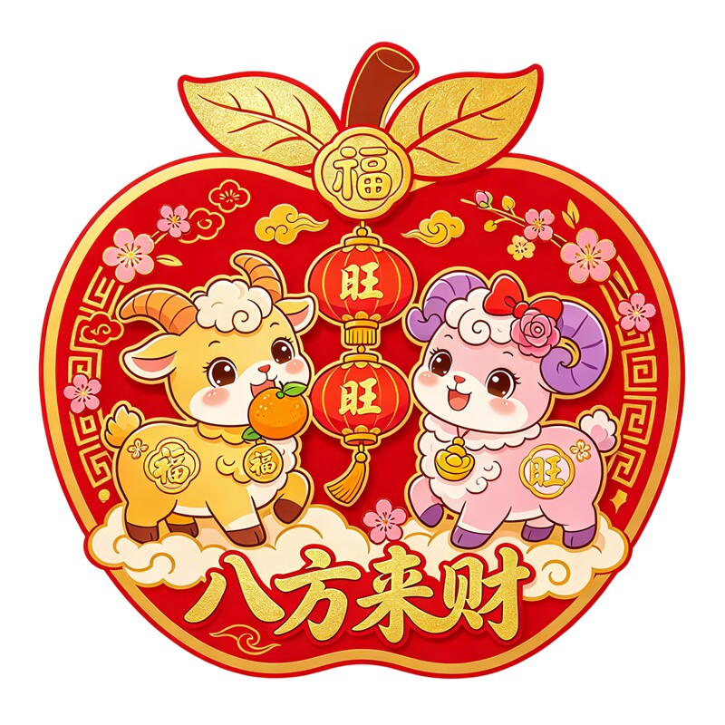 苹果造型小羊墙贴抱橘子灯笼八方来财梅花祥云国潮新年装饰贴纸画