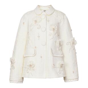 lefame拉飞姆2026春季新款时尚中式小翻领花朵珠绣粗花呢外套上衣