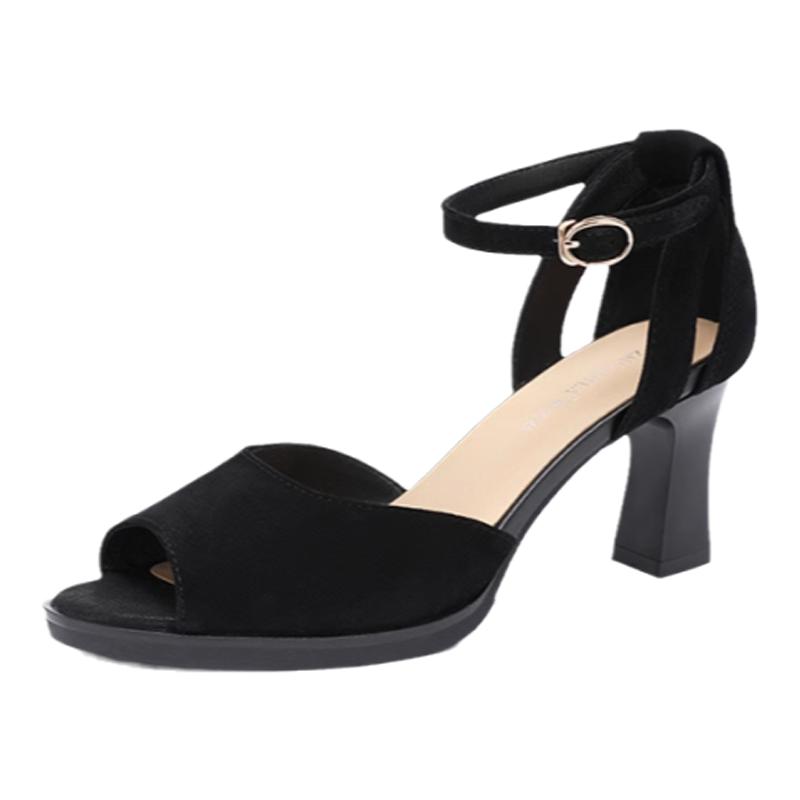 一字扣带形体步态训练专用走秀鞋2025年夏季新款黑色百搭中跟凉鞋