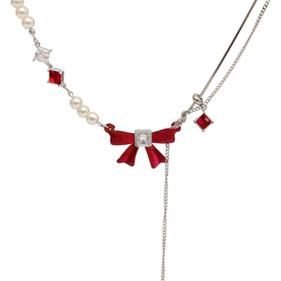 红色系蝴蝶结珍珠项链女款秋冬敬酒服礼服锁骨链新年穿搭颈链配饰